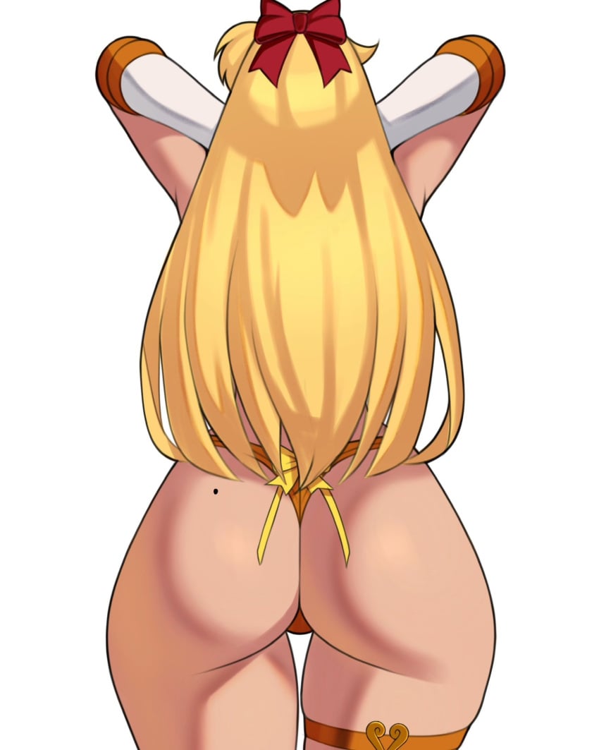 1girls ass ass_focus bishoujo_senshi_sailor_moon blonde_hair bow female female_only hi_res jakuson_z light-skinned_female light_skin long_hair mole mole_on_ass panties sailor_venus skindentation solo thigh_strap thighs white_background wide_hips