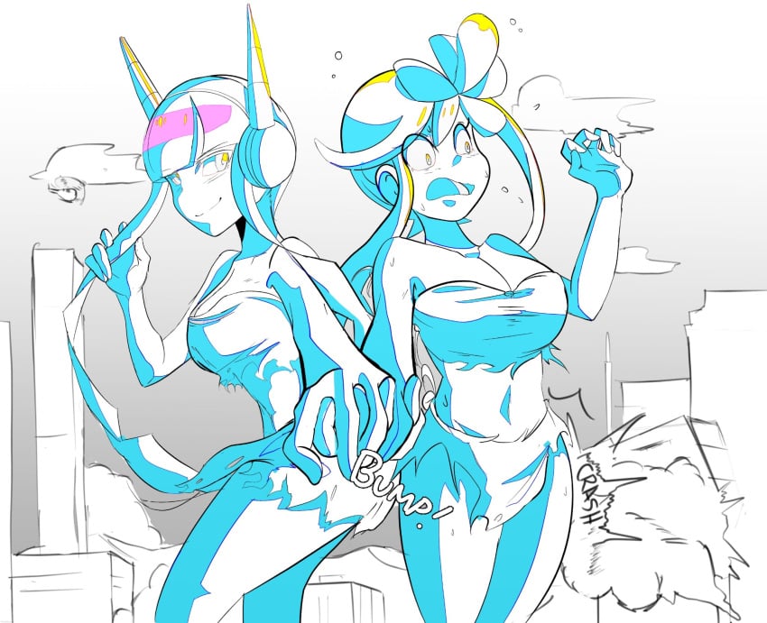 2girls accidental_destruction arm_up bangs blush blush breasts building building_destruction buildings cleavage clothed clothing cloud clouds collar colour curvaceous curvy curvy_body curvy_female curvy_figure curvy_hips destruction ear elesa_(pokemon) elesa_(pokemon_bw2) eyes female female_only fingers game_freak giant giantess giantess_growth gym_leader hair_tie headphones headwear helicopter hip_bump hips holding holding_hair holding_hands human large_breasts legs lesbian_couple line_art looking_at_another looking_back nintendo no_sex onomatopoeia open_mouth outdoors outside pokemon pokemon_bw pokemon_bw2 shading short_hair short_hair_female short_hair_with_long_locks size_transformation skirt sky skyla_(pokemon) smile smiling smoke standing surprise surprised surprised_expression thick_thighs thighs tongue torn_clothes torn_clothing yuri yuri