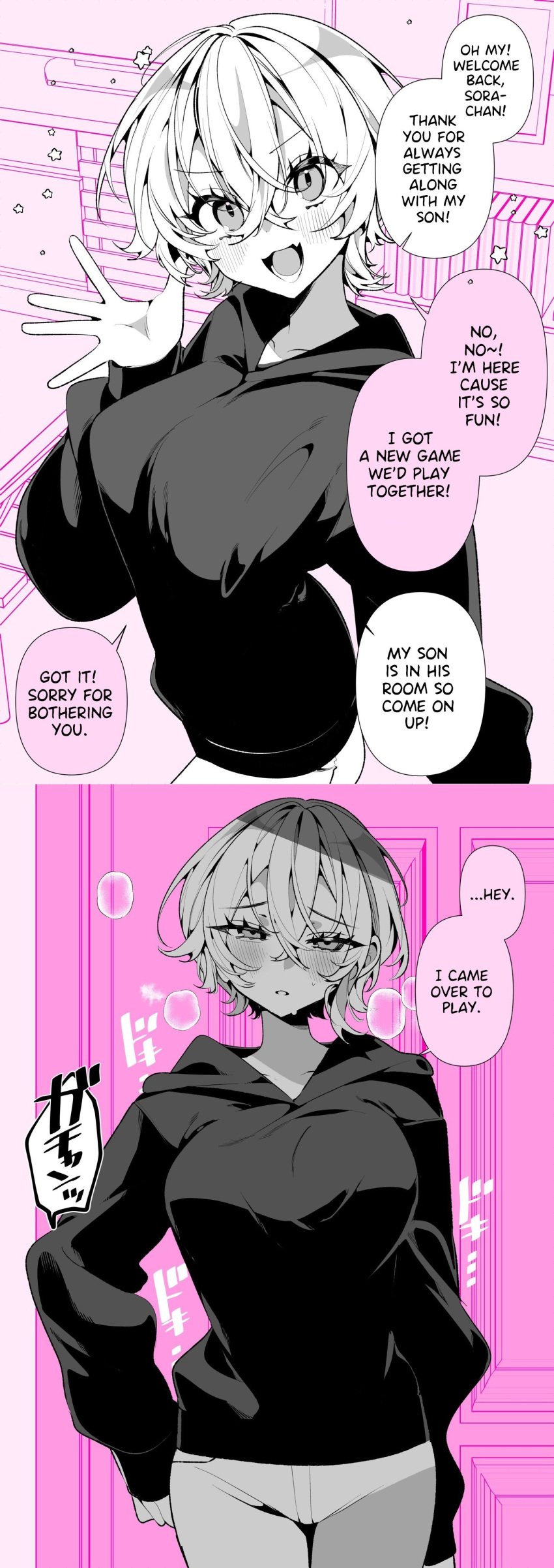 1girls a_boyish_girlfriend_in_high_humidity blush breasts clothed collarbone dialogue english_text fangs female_focus hoodie manga open_mouth original original_character ouchi_kaeru pink_background short_hair solo solo_focus steam sweat tomboy translated