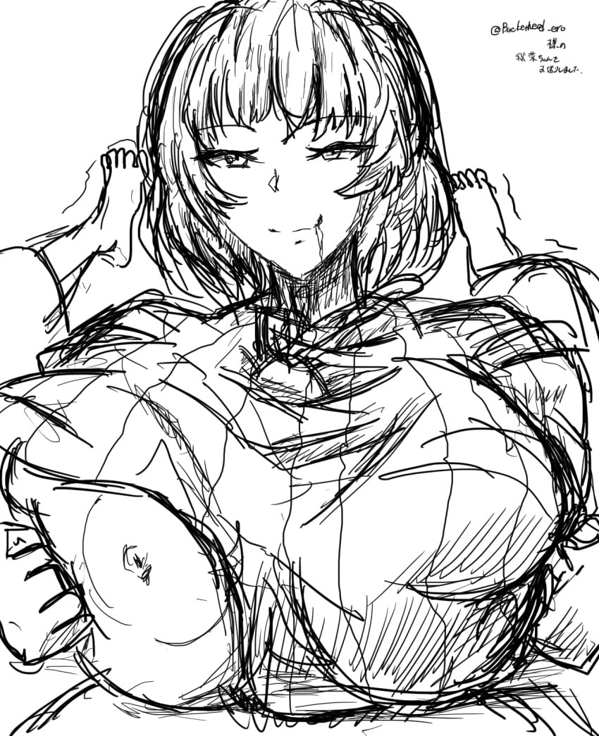 1boy 1girls akina-chan barefoot big_breasts busty clothes_lift feet female grabbing_own_breast highres japanese_text looking_at_viewer male mature mature_female mature_woman monochrome nipples one_breast_out original paizuri paizuri_under_clothes pov seductive_gaze seductive_smile short_hair sketch smile sweater sweater_lift translation_request voluptuous