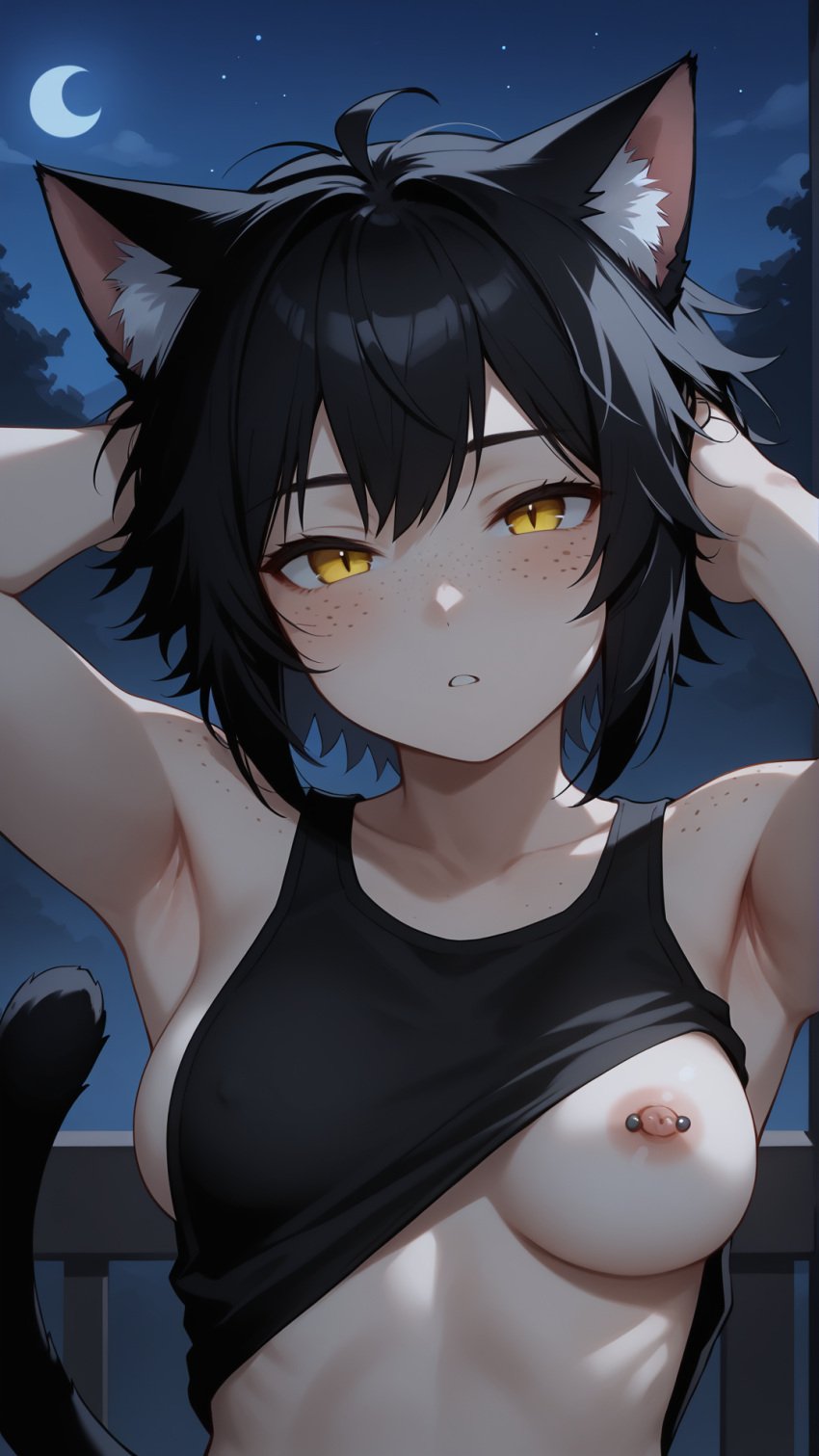 ai_generated arms_up bankonit barbell_piercing black_hair blush cat_ears cat_tail catgirl collarbone freckles freckles_on_face freckles_on_shoulders hand_in_hair hands_in_hair messy_hair midriff night nipple_piercing nipples nipples_visible_through_clothing one_breast_out original_character outdoors parted_lips shirt_lift shirt_up short_hair stable_diffusion upper_body upper_body_focus yellow_eyes