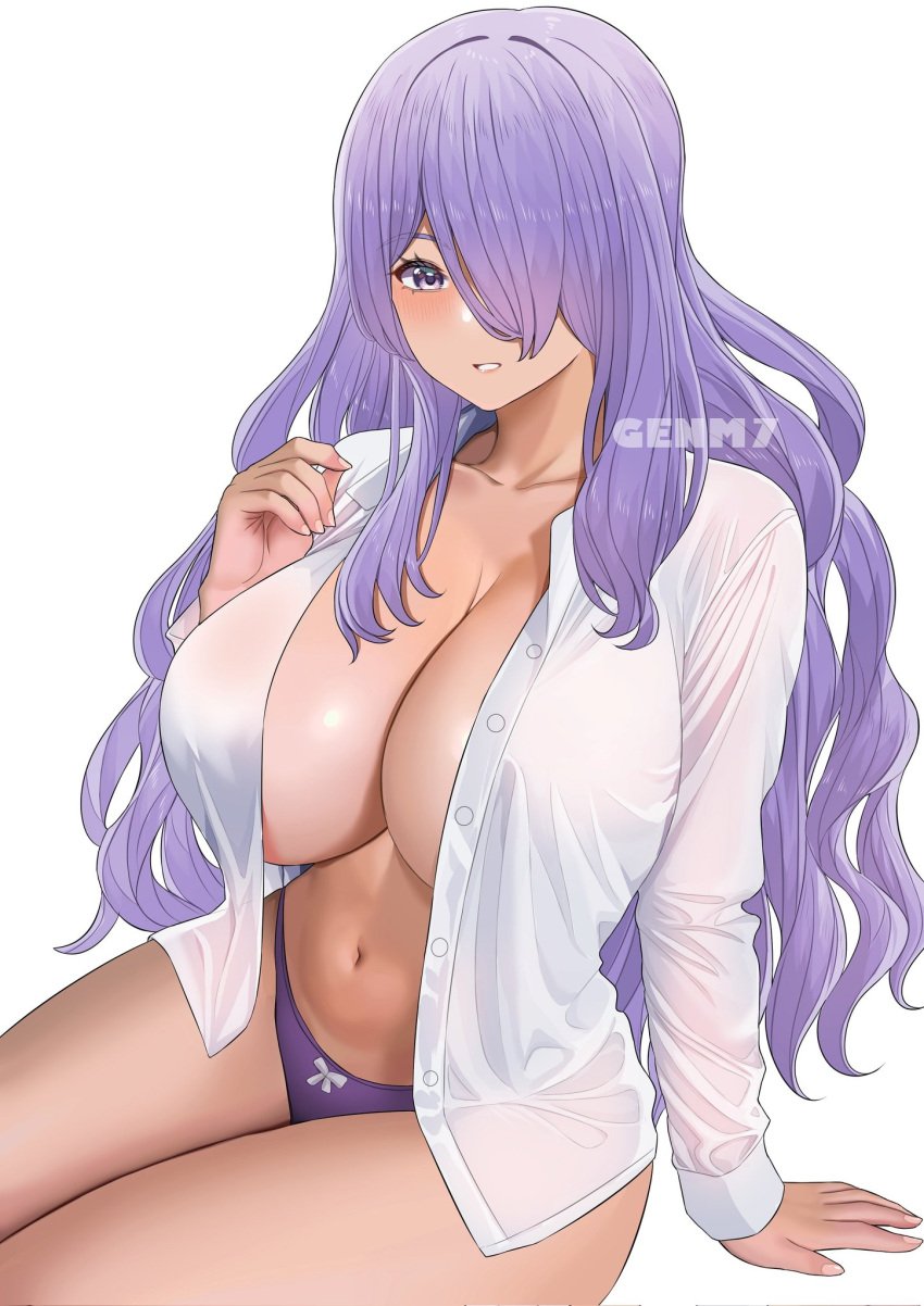 1girls big_breasts blush breasts camilla_(fire_emblem) female female_only fingernails fire_emblem fire_emblem_fates genm7 hair_over_one_eye large_breasts light-skinned_female long_hair looking_at_viewer massive_breasts nintendo purple_eyes purple_hair purple_panties see-through see-through_clothing see-through_shirt thick_thighs thighs unbuttoned unbuttoned_shirt white_shirt