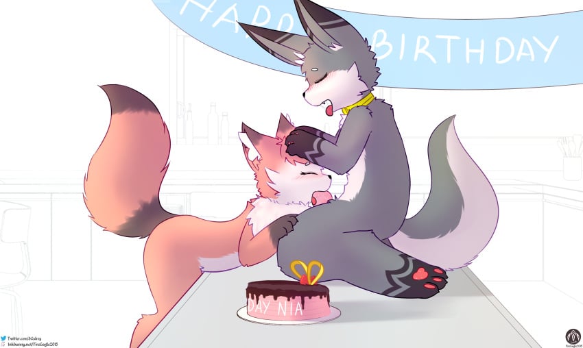 absurd_res anthro canid canine duo fellatio female food fox happy_birthday hi_res knot male male/female mammal nia_(senz) oral pastry penile pie sean_(senz) senz sex simple_background text url white_background