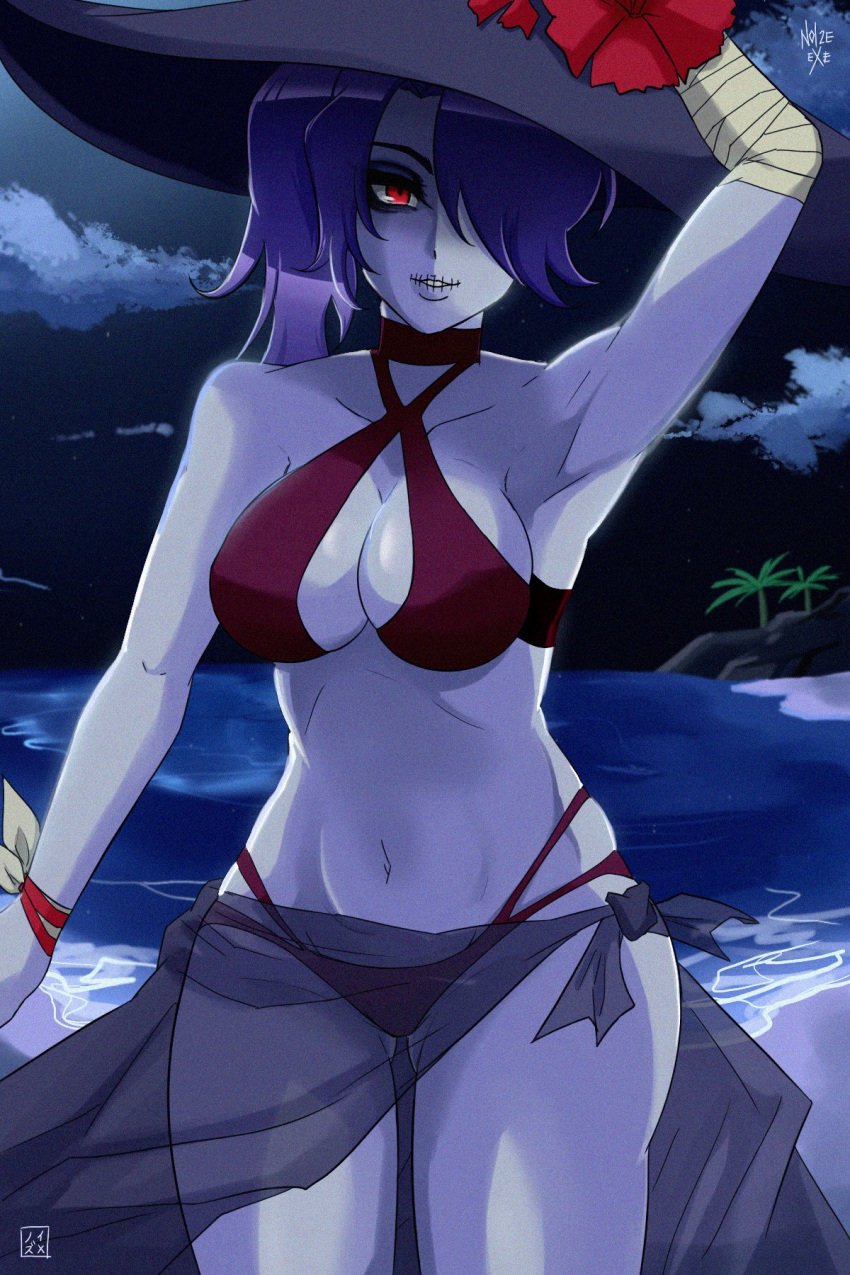 1female 1girls beach big_breasts bikini fit_female noize.exe skullgirls squigly swimsuit thick_thighs