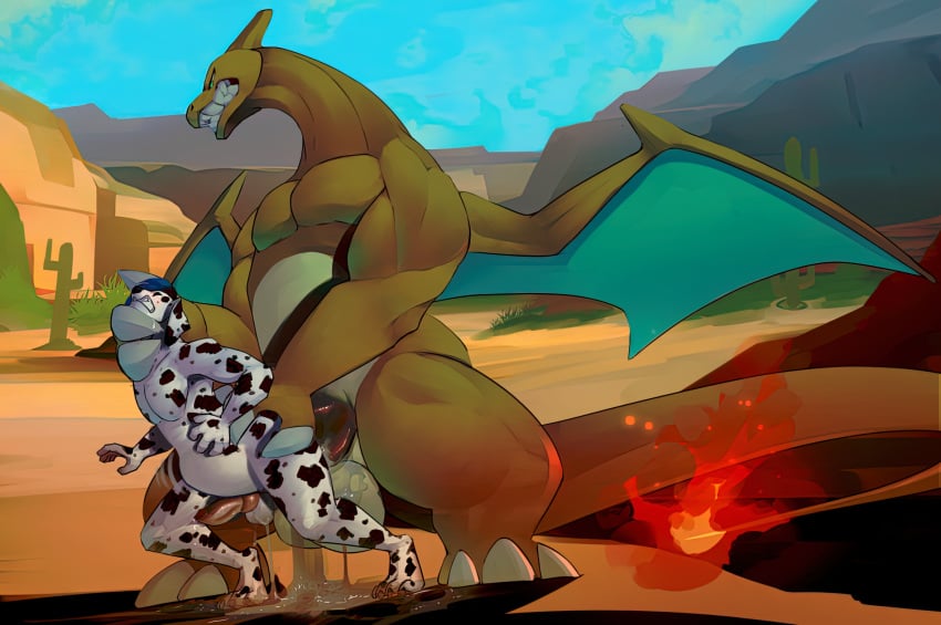 anal anal_sex animal_genitalia animal_penis anthro balls big_balls big_penis blue_hair bodily_fluids canid canine canine_genitalia canine_penis canis charizard clenched_teeth cum dalmatian dante_(gertgrg) desert domestic_dog duo extreme_penetration fire generation_1_pokemon genital_fluids genitals green_eyes hair hi_res kamelotnoah male male/male mammal markings nintendo penetration penis pokemon pokemon_(species) sex size_difference spots spotted_body stomach_bulge teeth wings