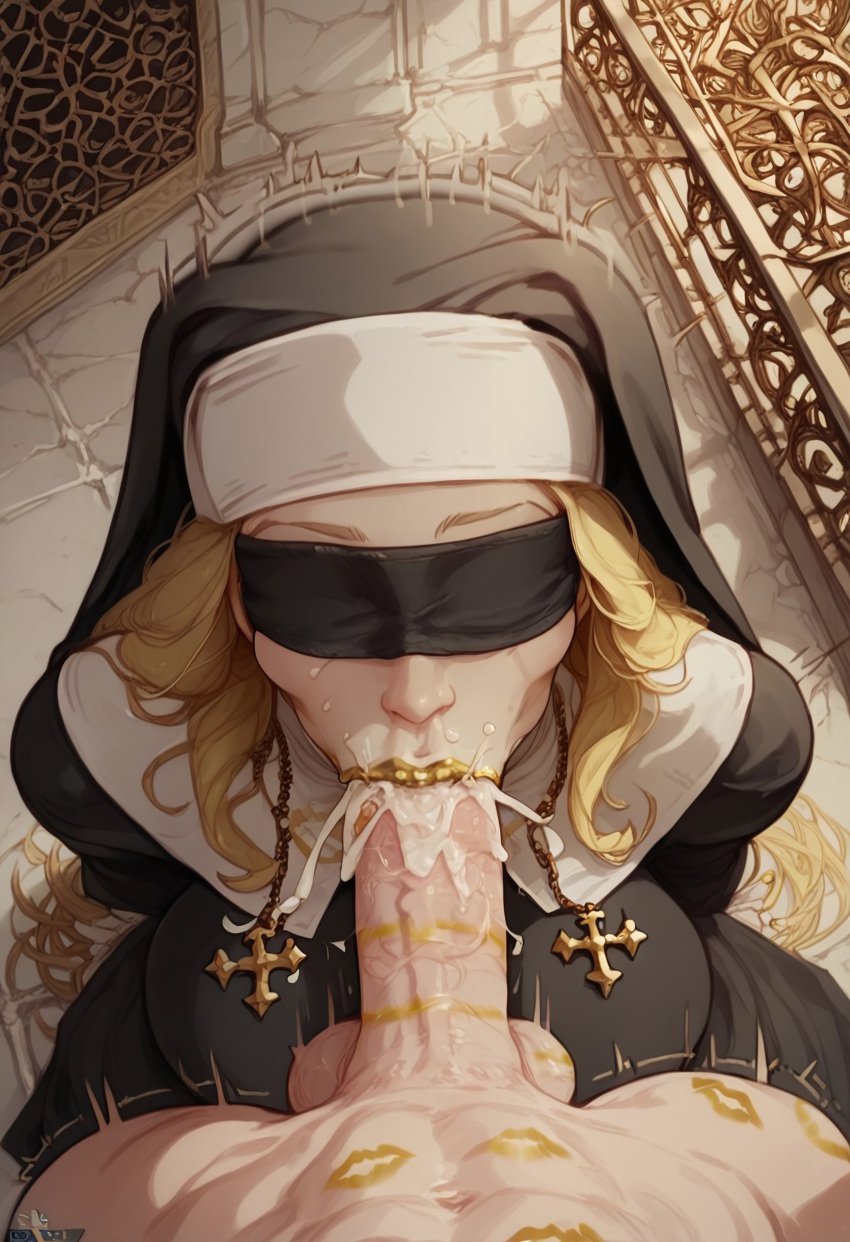 ai_generated blindfold blindfolded blonde_hair civitai cum cum_in_mouth deepthroat fellatio huge_breasts kiss_mark kneeling lipstick lipstick_mark motion_lines nun nun_outfit