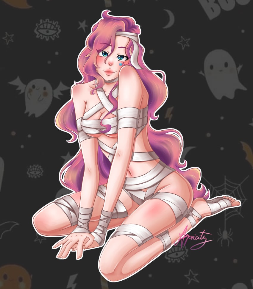 almost_naked blue_eyes cute_face girl halloween halloween_costume league_of_legends league_of_maidens mummy mummy_costume mummy_girl mummy_wrappings pink_hair posing riot_games seductive seraphine_(league_of_legends) sexy_dress teasing