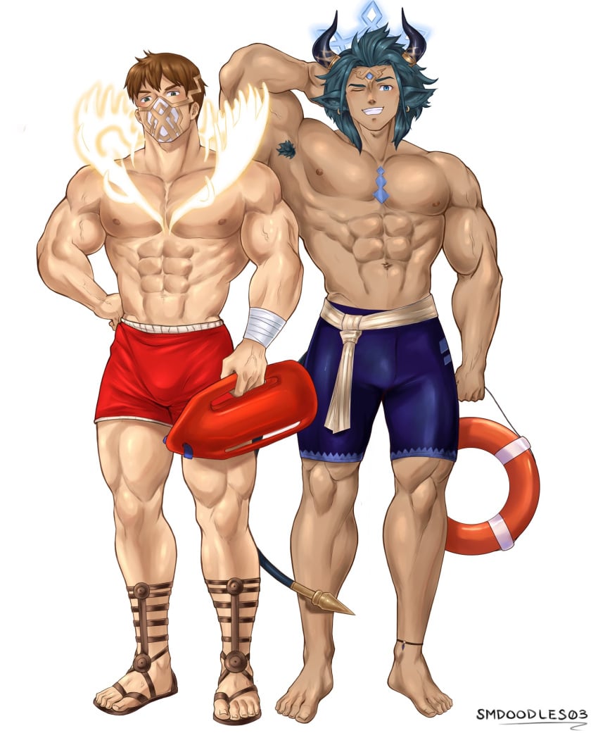 2boys askr_(fire_emblem) beach eikthyrnir_(fire_emblem) fire_emblem fire_emblem_heroes gay male male_only pecs tagme