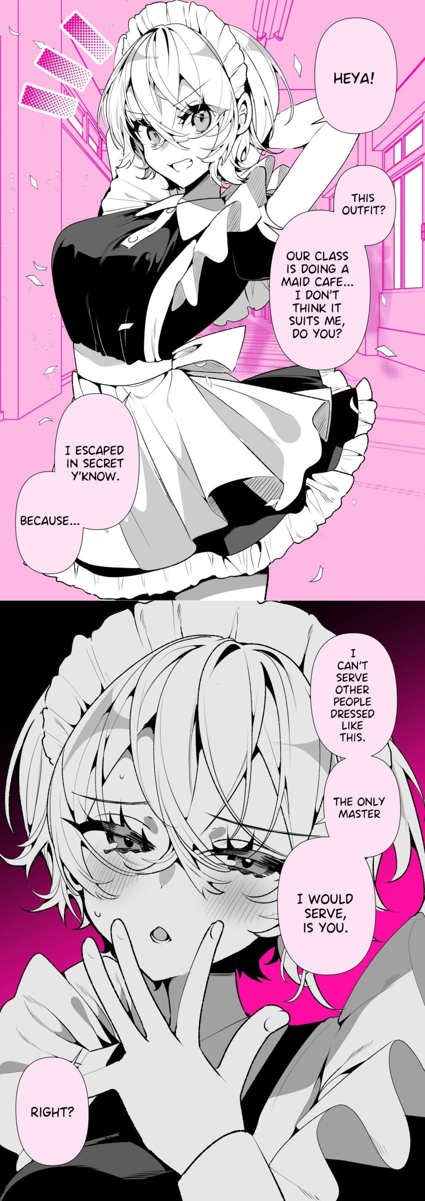 1girls a_boyish_girlfriend_in_high_humidity blush breasts clothed dialogue english_text female_focus maid maid_apron maid_dress maid_headdress maid_outfit maid_uniform manga open_mouth original original_character ouchi_kaeru pink_background short_hair solo solo_focus sweat tomboy translated