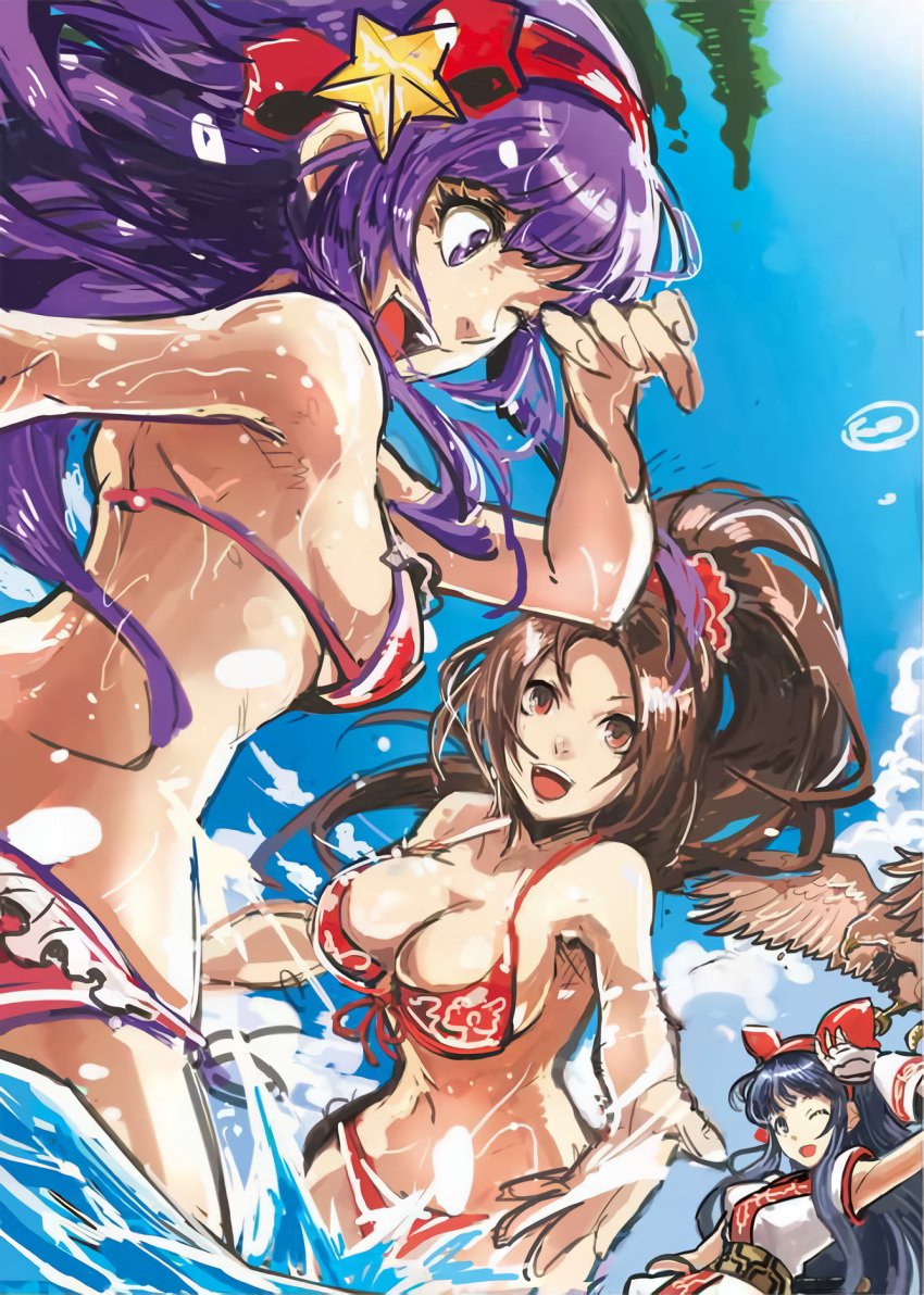 3girls ainu_clothes arm_up armpits ass athena_asamiya beach big_breasts bikini bird blue_eyes blue_hair breasts brown_eyes brown_hair busty cleavage fatal_fury female female_focus female_only frilled_bikini frills happy highres king_of_fighters king_of_fighters_xiv large_breasts legs long_hair mai_shiranui mamahaha matching_hair/eyes multiple_girls nakoruru navel ninja ocean official_art one_eye_closed open_mouth polka_dot polka_dot_bikini ponytail psycho_soldier purple_eyes purple_hair red_bikini s.n.x samurai_shodown side-tie_bikini_bottom sideboob smile snk splashing swimsuit thighs voluptuous water