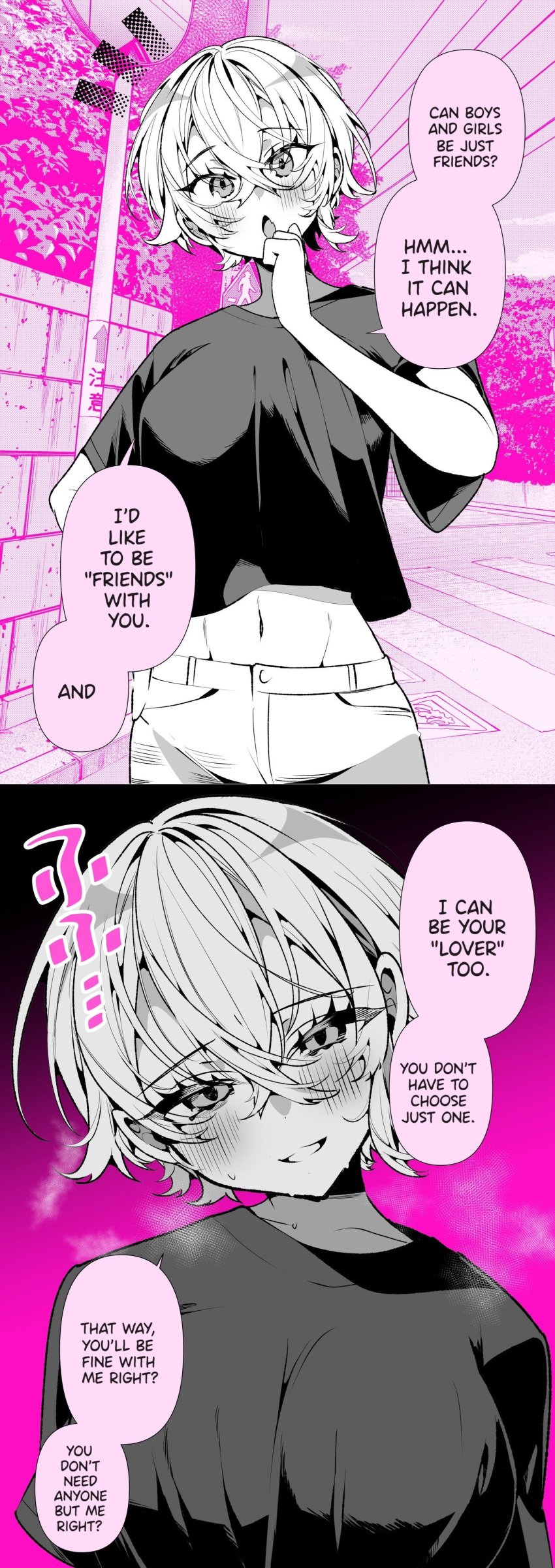 a_boyish_girlfriend_in_high_humidity belly_button blush breasts clothed confession crop_top dialogue english_text fangs manga navel open_mouth original original_character ouchi_kaeru pink_background short_hair steam sweat tomboy translated