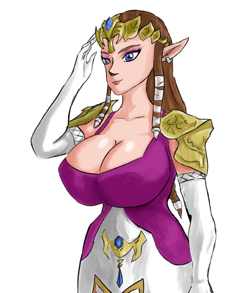 2d 2d_(artwork) blue_eyes brown_hair dress giant_breasts huge_breasts nintendo princess_zelda smile zelda_(twilight_princess)