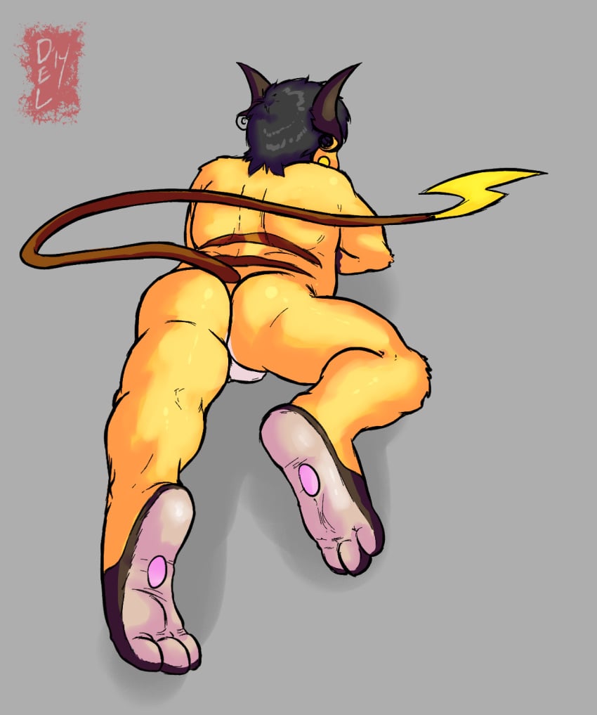 1boy 2014 anthro anthrofied ass backsack balls barefoot fan_character long_tail lying male male_only maverick_ryders_levin nintendo nokemy on_front pokemon pokemon_(species) raichu rear_view signature solo video_games