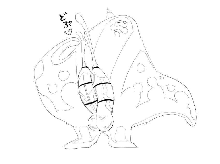 2_penises :3 animal_genitalia animal_penis anthro balls big_man_(splatoon) bodily_fluids cum diphallia diphallism erection fish flat_body genital_fluids genitals heart_symbol hemipenes hi_res japanese_text male male_only manta_ray marine multi_genitalia multi_penis nintendo orgasm penis ray_(fish) saba_subdup solo splatoon stingray text vein veiny_penis