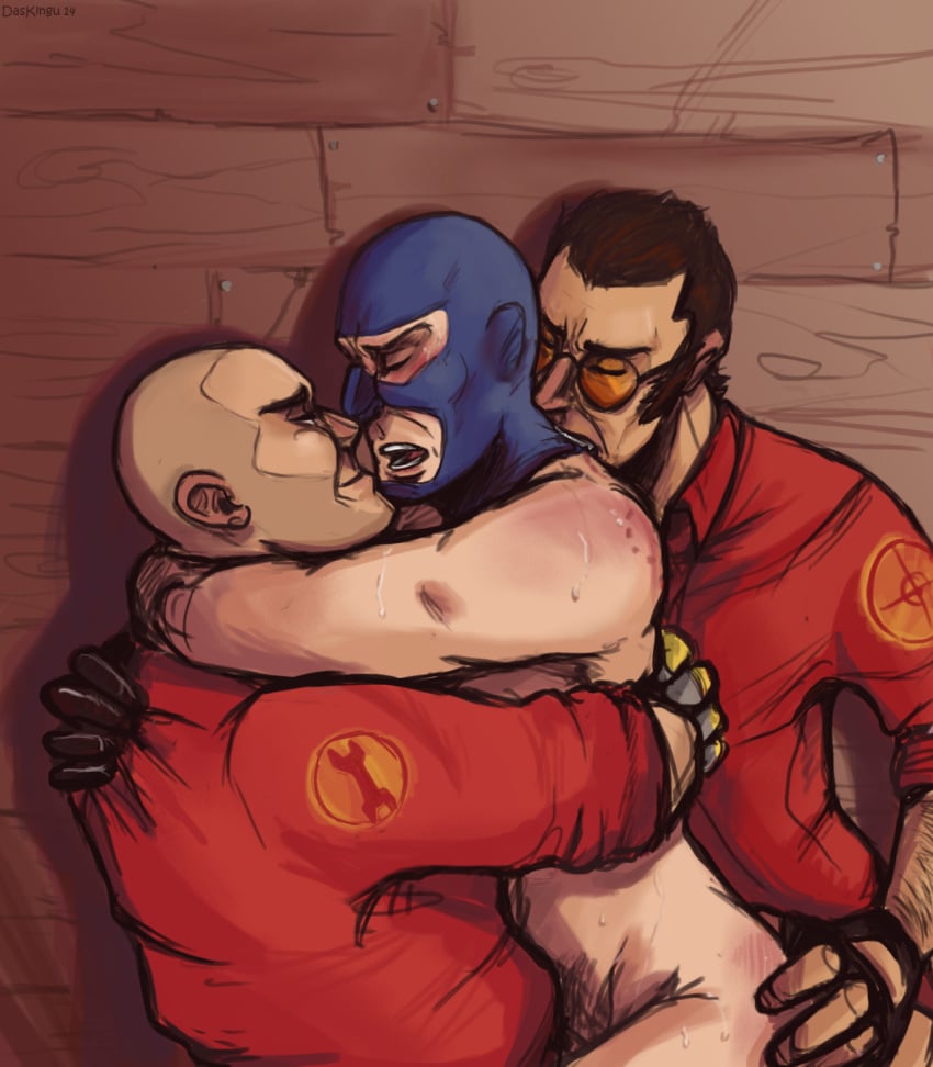 2boys anal anal_sex ass balaclava bite_mark bite_mark_on_shoulder biting blue_eyes blush clothed_male_nude_male cowgirl_position daskingu double_penetration engineer_(team_fortress_2) gloves implied_penetration male male_only mask_only naked_mask no_visible_genitalia nude penis riding_penis sex sitting_on_penis sniper_(team_fortress_2) spy_(team_fortress_2) straddling_lap sunglasses team_fortress_2 text threesome yaoi