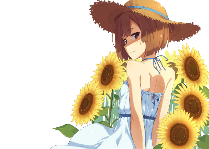 back bangs bare_shoulders blunt_bangs bob_cut brown_eyes brown_hair dress female flower from_behind hat kinta_(distortion) looking_at_viewer looking_back original short_hair smile solo straw_hat sundress sunflowers white_background white_dress