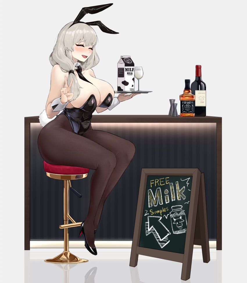 1girls beer big_breasts billmors black_bunnysuit blush breasts bunny_ears bunny_tail bunnysuit cleavage closed_eyes fake_animal_ears fake_tail female female_only footwear full_body grey_hair hair heels high_heels hips holding_plate huge_breasts leggings legs legwear mature mature_female milf milk milk_carton mother peace_sign plate sign smile solo solo_female stool tail uzaki-chan_wa_asobitai! uzaki_tsuki wine_bottle wine_glass
