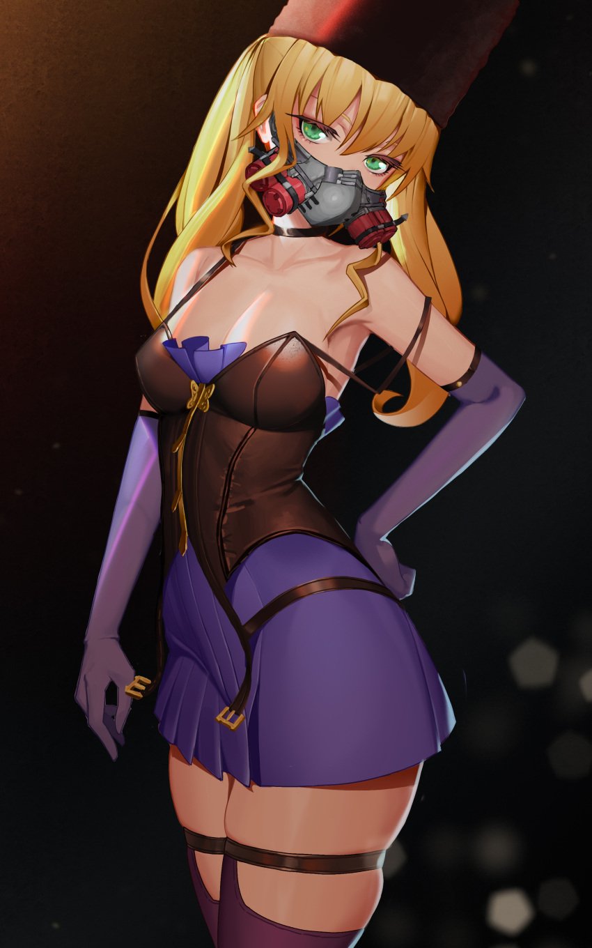 absurdres alternate_version_available bare_shoulders blonde_hair breasts choker cleavage code_vein collarbone elbow_gloves female female_focus fur_hat gas_mask gloves green_eyes hand_on_own_hip hat highres looking_at_viewer mask masked masked_female mia_karnstein northman revenant revenant_(code_vein) small_breasts solo strap_slip thick_thighs thighhighs twintails vampire wide_hips zipper zipper_pull_tab