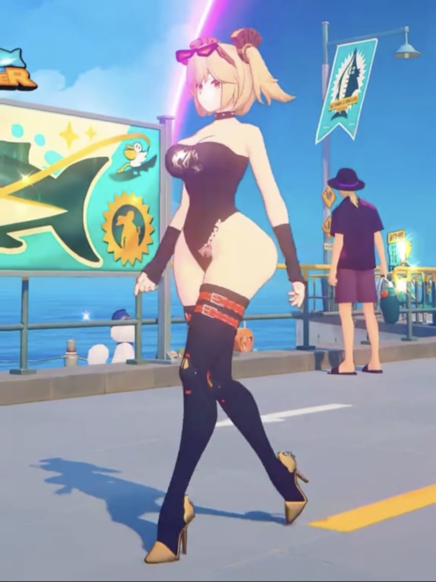 1girls bare_thighs big_ass big_breasts big_butt big_hips black_leotard blonde_female blonde_hair blonde_hair blonde_hair_female burnice_white clothed_female curvaceous curvy curvy_figure female hazeker heels high_heels hoyoverse leggings leotard mihoyo red_eyes red_sunglasses road sexy sparkle sparkles street sunglasses sunglasses_on_head twintails walk walk_cycle walking wide_hips wristband wristwear zenless_zone_zero zettai_ryouiki