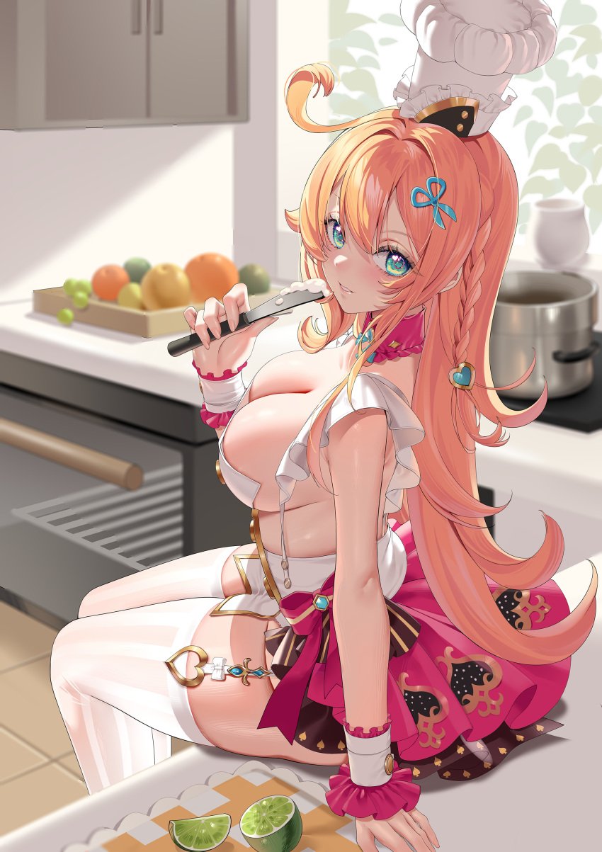 1girls apron breasts escoffier_(genshin_impact) female female_focus female_only genshin_impact kururu_(qqqqq59508750) large_breasts light-skinned_female light_skin long_hair looking_at_viewer looking_back sitting solo thick_thighs thighhighs thighs