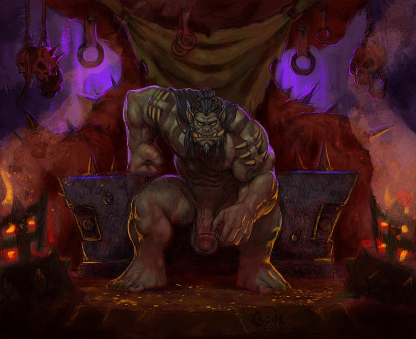 balls cock crona_(artist) digital_drawing_(artwork) digital_media_(artwork) genitals glans hair humanoid_genitalia humanoid_penis looking_at_viewer male muscular muscular_male naked naked_male not_furry nude nude_male orc orc_male penis sitting solo solo_male testicles