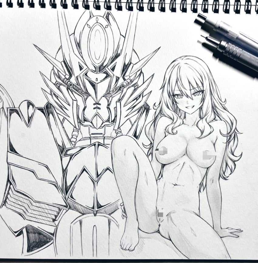 armpit_crease art_tools_in_frame breasts censored censored_nipples commentary_request completely_nude despair_memory_gundam_sequel female graphite_(medium) greyscale gundam hair_between_eyes highres kaoris_(despair_memory_gundam_sequel) large_breasts long_hair looking_at_viewer mecha monochrome mosaic_censoring navel nude photo_(medium) robot seishun_dendeke sitting smile traditional_media wavy_hair