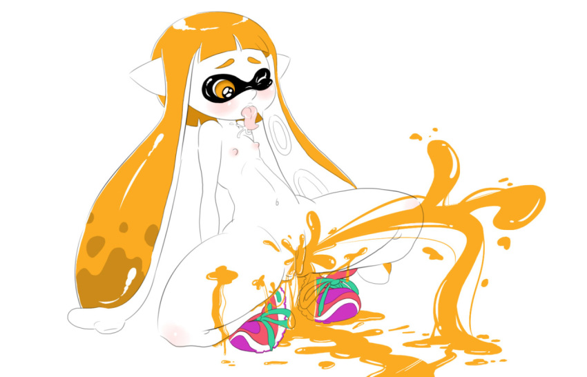 anthro blush cephalopod cephalopod_humanoid eyebrows female female_ejaculation flat_chest humanoid inkling inkling_girl kaori_(splatoon) long_hair long_tongue mask mask_(marking) naked_footwear nintendo nipples nude one_eye_closed orange_eyes orange_hair paint pointy_ears pussy pussy_juice saliva shoes simple_background sneakers solo splatoon spread_legs squatting squid squirting straight_hair tentacle tentacle_hair thenewguy tongue tongue_out white_background