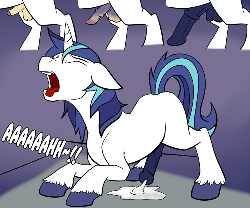 animal_genitalia blue_eyes blue_hair closed_eyes confusion cum equine friendship_is_magic fur hair hooves horn horse horsecock male mammal multicolored_hair my_little_pony open_mouth pain penis pony shining_armor_(mlp) solo tf-sential tongue transformation unicorn white_fur