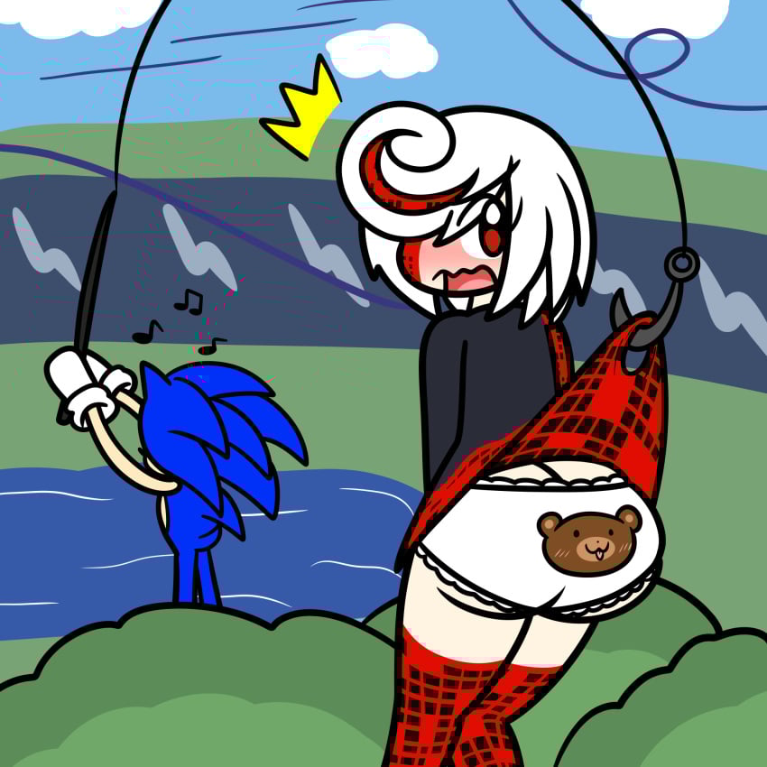 1boy 1boy1girl 1girls 2022 ass big_ass black_dress blush bubble_butt dino-dinosaur dress dress_lift female fishing fishing_rod hook looking_back male musical_note red_eyes red_highlights round_ass sage_(sonic_frontiers) sega shocked short_hair singing skirt skirt_lift sonic_(series) sonic_frontiers sonic_the_hedgehog surprised white_hair white_panties
