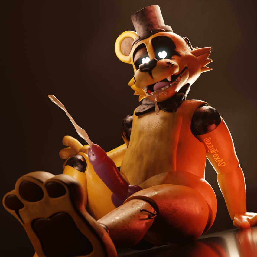 3d absurd_res animal_genitalia animal_penis animatronic anthro bear bodily_fluids bow_tie canine_genitalia canine_penis clothing digital_media_(artwork) dripping drooling ejaculation erection eyebrows fangs five_nights_at_freddy&#039;s five_nights_at_freddy&#039;s_2 genitals golden_freddy_(fnaf) hat headgear headwear heart_eyes heart_symbol hi_res jizzyfox looking_pleasured machine male male_only mammal nude_anthro nude_male one_eye_half-closed open_mouth open_smile orgasm penis raised_eyebrow robot robot_anthro saliva saliva_drip saliva_on_face scottgames sitting smile solo teeth tongue top_hat watermark wire withered_golden_freddy_(fnaf)
