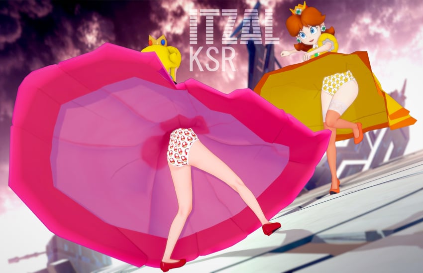 2girls alternate_version_at_source childish_panties female itzalksr mario_(series) more_at_source mushroom nintendo princess_daisy princess_peach print_panties super_mushroom super_smash_bros. super_smash_bros._ultimate super_star_(mario) upskirt