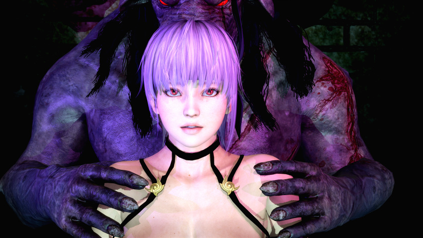 3d ayane_(doa) dead_by_daylight dead_or_alive hands holding male male/female minotaur monster monster_on_female purple_hair red_eyes straight trapped ublik