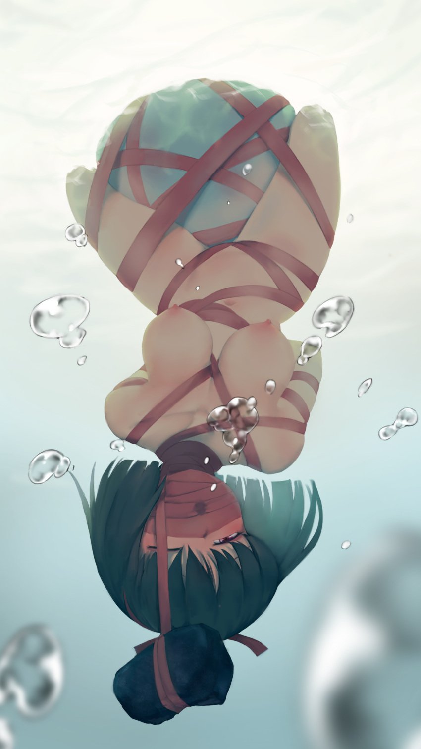 1girls absurdres air_bubble asphyxiation black_hair blush bob_cut bondage bondage boulder bound breasts breasts_apart bubble convenient_censoring curvy drowning female female_focus highres inuyasha large_breasts navel nipples one_eye_closed ribbon ribbon_bondage rou_(rou22) short_hair solo underwater upside-down yura_sakasagami