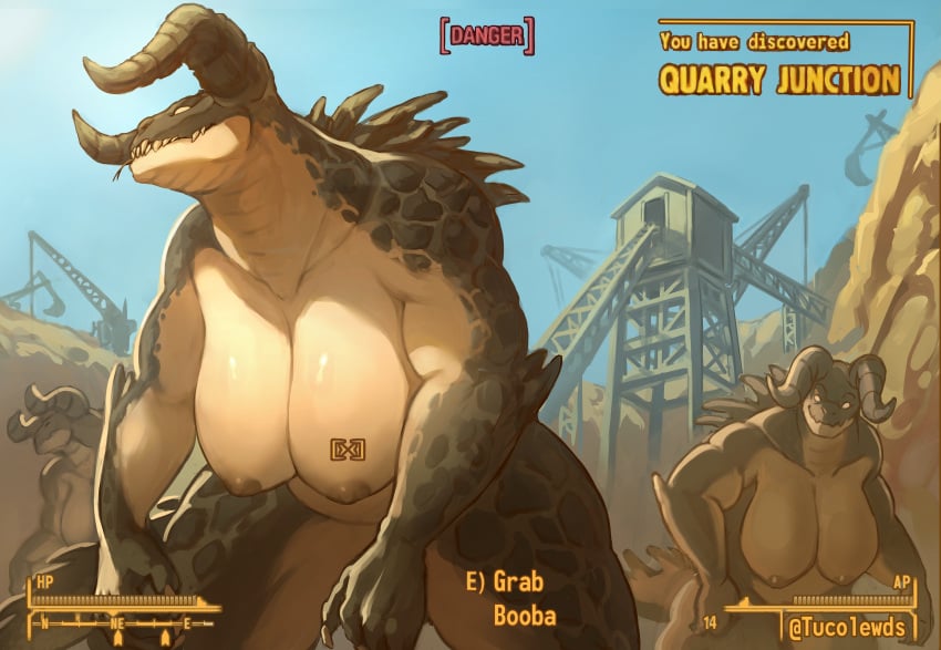 2024 2_horns 4_fingers absurd_res anthro areola artist_name bethesda_game_studios biceps big_breasts breasts brown_areola brown_body brown_scales brown_tail claws construction_equipment construction_site curvy_figure deathclaw desert detailed_background empty_eyes english_text fallout female female/female fingers forked_tongue group hi_res horn hud huge_breasts huge_hips huge_thighs looking_at_viewer looking_away microsoft multicolored_body multicolored_scales painted_background reptile scales scalie spikes spikes_(anatomy) tail text thick_thighs tongue tongue_out trio tucolewds two_tone_body two_tone_scales voluptuous voluptuous_anthro voluptuous_female wide_hips