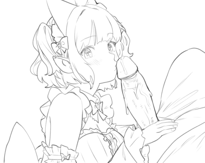 black_and_white bow clothed_female_nude_male cum cumdrip eyebrows_visible_through_hair hair_ornament kissing_penis looking_at_viewer maid maid_headdress maid_outfit mint_fantome no_color pointy_ears sketch thernz virtual_youtuber vtuber