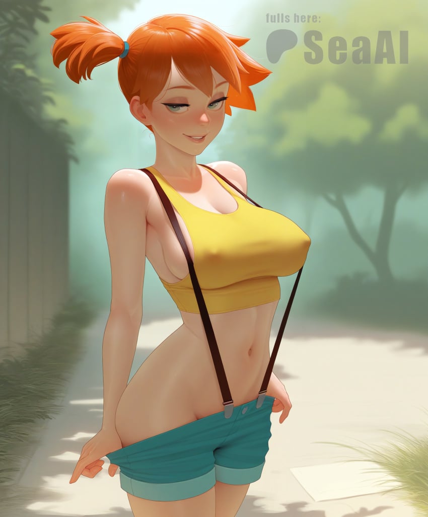 ai_generated big_breasts covered_nipples cowboy_shot crop_top kasumi_(pokemon) nature outdoors pokemon seacreator seductive_look seductive_smile shorts_pull solo standing