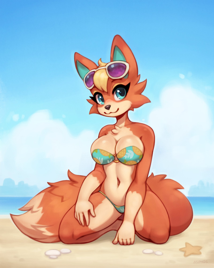 2d animal_crossing asimos audie_(animal_crossing) beach bikini bikini_bottom bikini_top blue_eyes breasts cleavage female female_focus female_only furry green_eyes kneeling nintendo orange_fur solo sunglasses sunglasses_on_head tan_fur thighs wolf wolf_girl