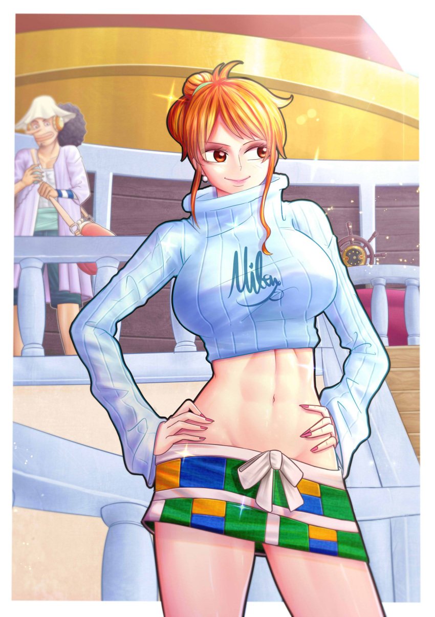 1boy 1girls big_breasts breasts canonical_scene crop_top cropped_sweater episode_of_luffy exposed_midriff exposed_torso female female_focus hands_on_hips hi_res male mifenami nami one_piece orange_hair ribbed_sweater short_skirt skirt standing sweater toned toned_body toned_female toned_stomach turtleneck turtleneck_sweater usopp