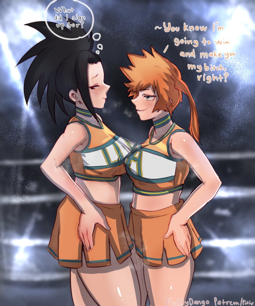 2girls aqua_eyes artist_name asymmetrical_docking bare_shoulders black_eyes black_hair blush boku_no_hero_academia breast_press breasts catfight cheerleader choker collarbone covered_erect_nipples english_text fluffydango hand_on_own_hip height_difference highres kendou_itsuka large_breasts long_hair midriff multiple_girls orange_hair ponytail side_ponytail skirt sleeveless smile smug staredown sweat symmetrical_docking thighs wrestling wrestling_ring yaoyorozu_momo