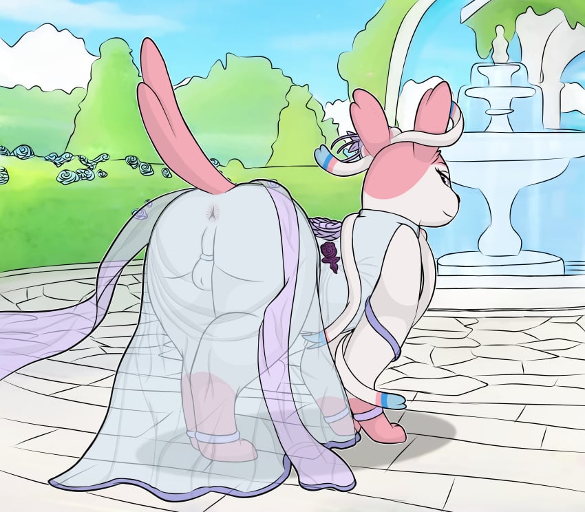 absurd_res anus backsack balls bedroom_eyes chastity_cage chastity_device clothed clothing crossdressing detailed_background dress eeveelution elegant_style_sylveon feral fountain garden generation_6_pokemon genitals hi_res looking_back male narrowed_eyes nintendo no_underwear onesaucydragon pokemon pokemon_(species) rear_view seductive solo sylveon translucent translucent_clothing translucent_dress