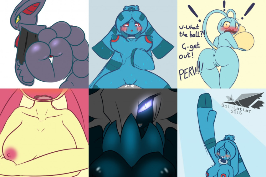 ! 2015 abby alternate_color anthro anthrofied anus ass bellaria bent_over black_nipples black_skin blue_skin blush breasts bronzong chinchou claws clitoris covering crescere cum cum_in_pussy cum_inside darkrai darkria dialogue english_text female gliscor glowing group hair half-closed_eyes interspecies latiar long_hair looking_at_viewer looking_back male markings mesprit nintendo nipples nude open_mouth original_character pink_hair pink_nipples pink_skin pokemon pokemon_(species) pokemorph pokephilia presenting presenting_hindquarters purple_skin pussy raised_hand raised_tail red_skin smile spread_legs spreading straight text video_games white_hair wings yellow_eyes yellow_sclera