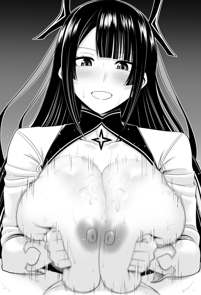 1boy 1girls alternate_breast_size bangs between_breasts big_breasts blush breast_hold breasts breasts_out breasts_squeezed_together dada_(xhmv8527) engulfing_paizuri female greyscale happy happy_paizuri happy_sex highres huge_breasts large_breasts long_hair looking_at_viewer male monochrome motion_blur motion_lines nipples nue_(nue_no_onmyouji) nue_no_onmyouji open_mouth open_smile paizuri paizuri_lead_by_female paizuri_on_lap penis pov pov_eye_contact pov_paizuri shiny_skin simple_background smile solo_focus straight sweat