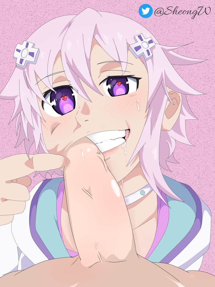 big_penis heart-shaped_pupils huge_cock lips mouth neptune_(neptunia) neptune_(series) neptunia_(series) nsfw penis_in_mouth penis_on_face pink_hair purple_eyes sheong_wong short_hair teeth teeth_showing