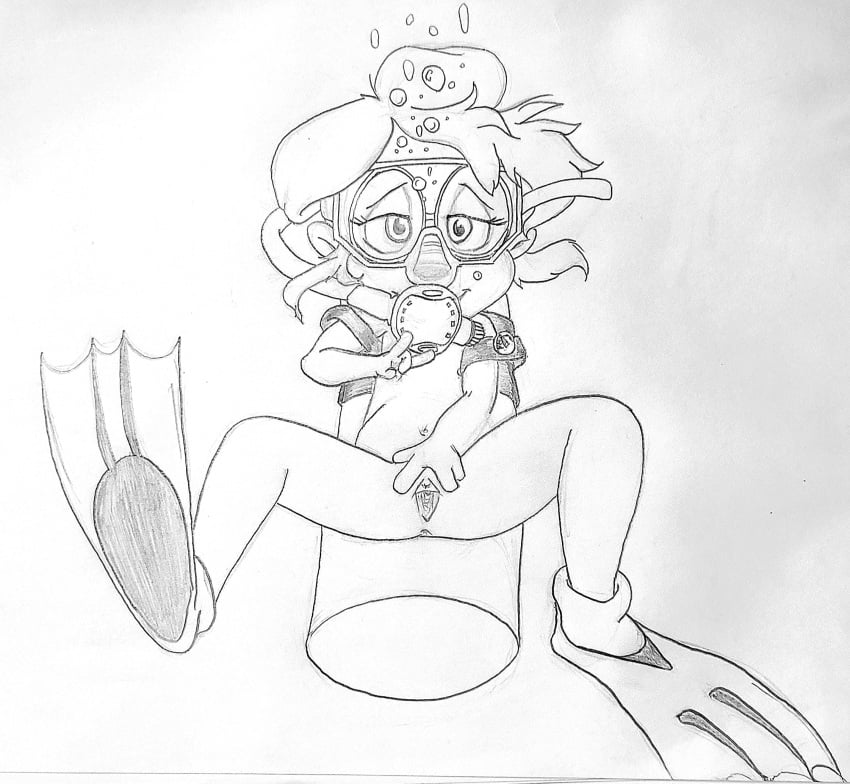 1girls alvin_and_the_chipmunks bedroom_eyes bubbles chipmunk cub drawing dtcg exposed_ass exposed_pussy fanart female jeanette_miller monochrome navel nude rodent scuba scuba_gear solo spreading_pussy traditional_media_(artwork) underwater