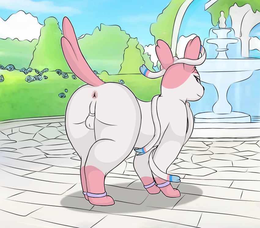 absurd_res anus backsack balls bedroom_eyes chastity_cage chastity_device detailed_background eeveelution feral fountain garden generation_6_pokemon genitals hi_res looking_back male narrowed_eyes nintendo onesaucydragon pokemon pokemon_(species) rear_view seductive solo sylveon