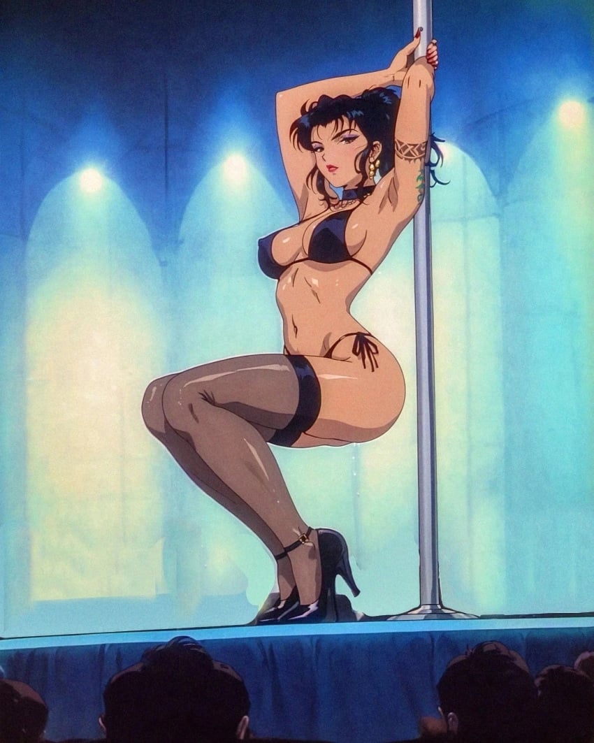 1girls ai ai_generated anime_style ass audience bent_legs bikini black_hair butt female high_heels retro_artstyle stripper stripper_pole