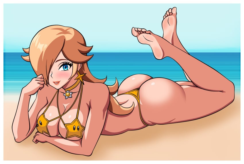 1girls 2024 ass beach big_ass big_breasts bikini blue_eyes breasts choker clothed clothing earrings feet feet_up female female_only gold_bikini hair_over_one_eye mario_(series) nintendo ocean peach_hair pinup princess_rosalina sand solo star_(symbol) star_bikini star_earrings summer super_mario_bros. super_mario_galaxy tagme woomy1010