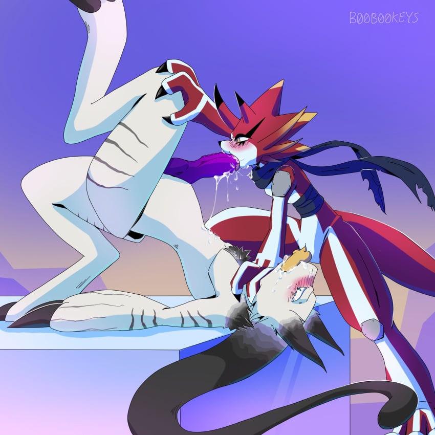 69_position anthro b00b00keys bandai_namco betelgammamon bodily_fluids cum cum_in_mouth cum_inside digimon digimon_(species) duo erection fur genital_fluids genitals hi_res male male/male oral orgasm penis penis_in_mouth red_body sex white_body white_fur