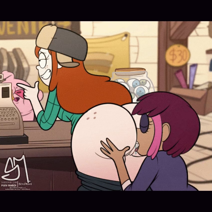 2024 2girls animated ass biting_lip bottomless disney disney_channel disney_xd female_only gf gravity_falls hands_on_ass licking licking_ass looking_back pussy semidraws tambry waddles wendy_corduroy yuri