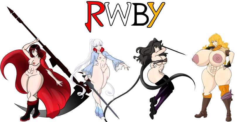 4girls abs absurd_res black_hair blake_belladonna blonde_hair cape cat_ears catgirl f_e_ faunus female female_focus female_only huge_breasts large_ass pale-skinned_female pale_skin partially_clothed rooster_teeth ruby_rose rwby small_breasts team_rwby thick_thighs thigh_squish thighhighs weapon weiss_schnee white_hair yang_xiao_long